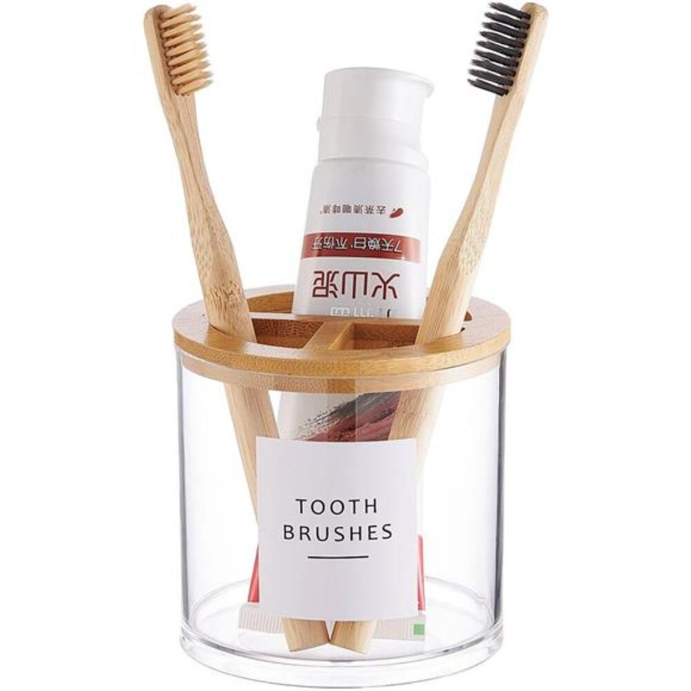 Clear Toothbrush Holder with Bamboo Lid Bathroom Organizer Stand Vanity Counter